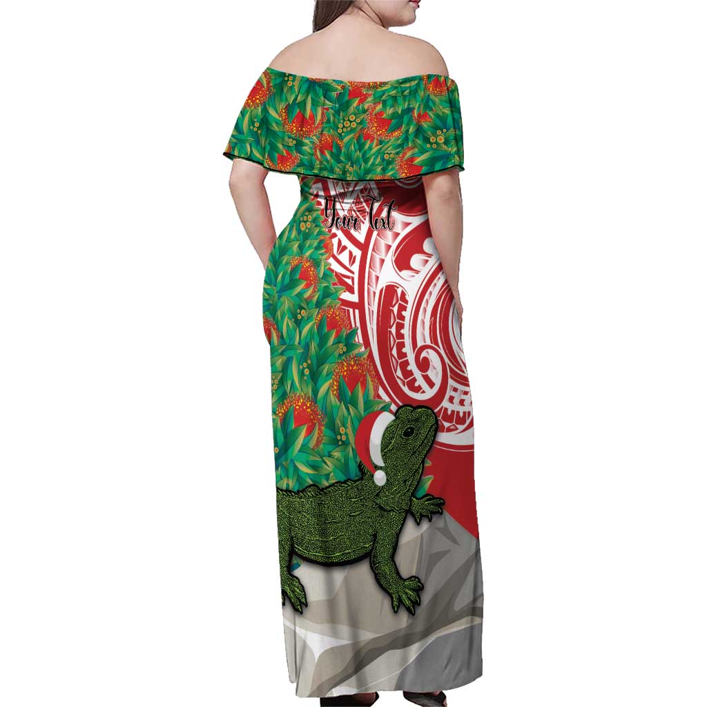 Personalised New Zealand Tuatara Christmas Family Matching Off Shoulder Maxi Dress and Hawaiian Shirt Meri Kirihimete Aotearoa Maori Mix Pohutukawa LT14 - Polynesian Pride