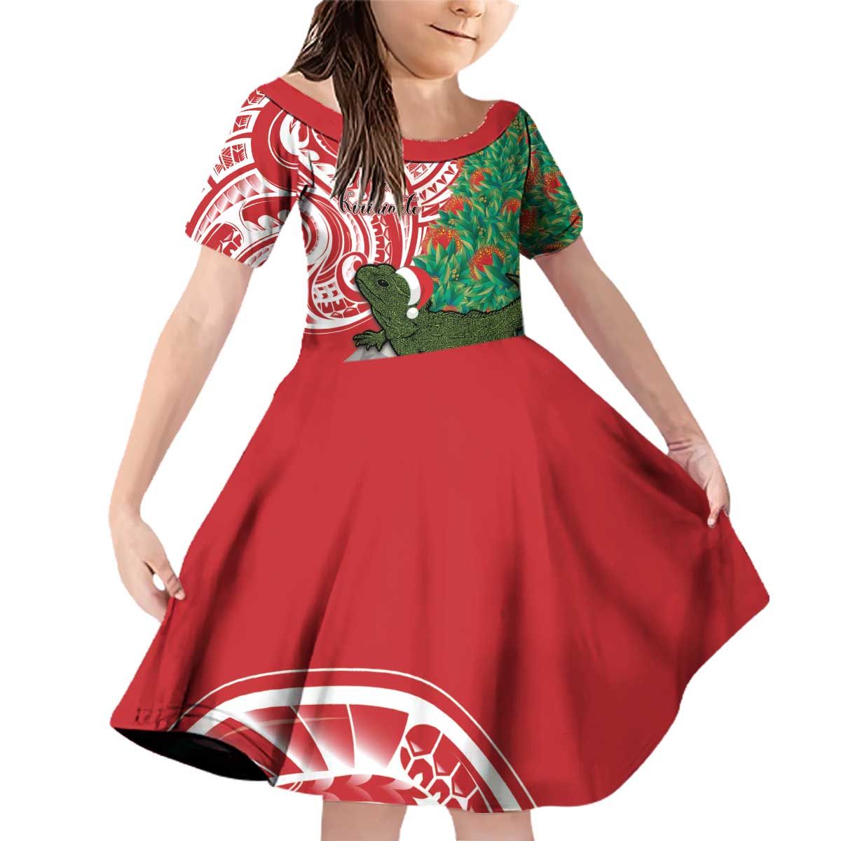 Personalised New Zealand Tuatara Christmas Family Matching Off Shoulder Short Dress and Hawaiian Shirt Meri Kirihimete Aotearoa Maori Mix Pohutukawa LT14 Daughter's Dress Red - Polynesian Pride