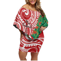 Personalised New Zealand Tuatara Christmas Family Matching Off Shoulder Short Dress and Hawaiian Shirt Meri Kirihimete Aotearoa Maori Mix Pohutukawa LT14 Mom's Dress Red - Polynesian Pride