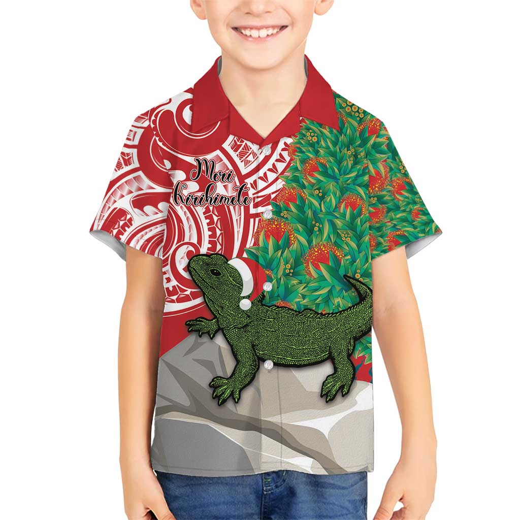 Personalised New Zealand Tuatara Christmas Family Matching Puletasi and Hawaiian Shirt Meri Kirihimete Aotearoa Maori Mix Pohutukawa LT14 Son's Shirt Red - Polynesian Pride