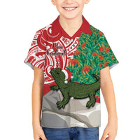 Personalised New Zealand Tuatara Christmas Family Matching Puletasi and Hawaiian Shirt Meri Kirihimete Aotearoa Maori Mix Pohutukawa LT14 Son's Shirt Red - Polynesian Pride