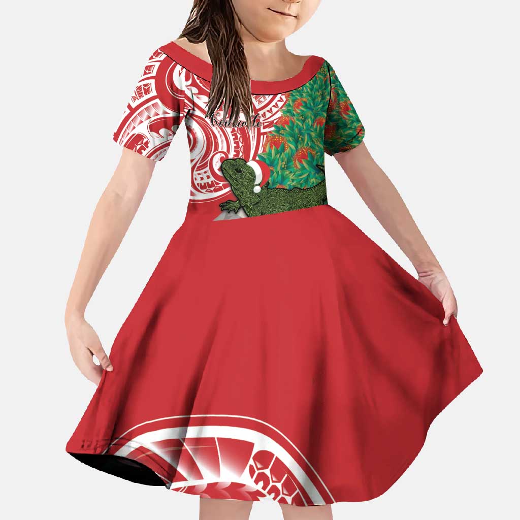 Personalised New Zealand Tuatara Christmas Family Matching Short Sleeve Bodycon Dress and Hawaiian Shirt Meri Kirihimete Aotearoa Maori Mix Pohutukawa LT14 Daughter's Dress Red - Polynesian Pride