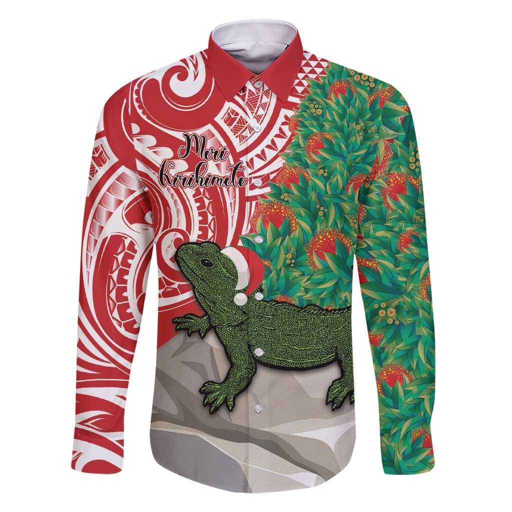 Personalised New Zealand Tuatara Christmas Family Matching Short Sleeve Bodycon Dress and Hawaiian Shirt Meri Kirihimete Aotearoa Maori Mix Pohutukawa LT14 Dad's Shirt - Long Sleeve Red - Polynesian Pride