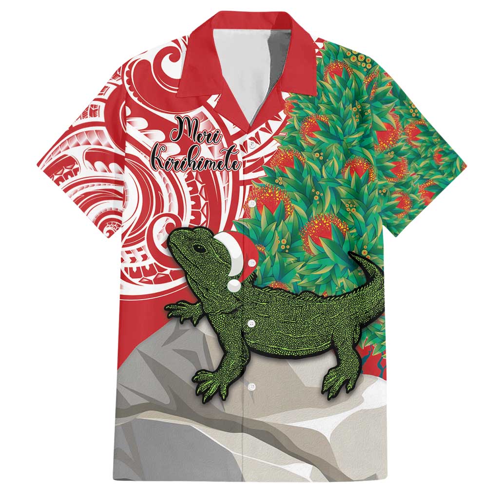 Personalised New Zealand Tuatara Christmas Hawaiian Shirt Meri Kirihimete Aotearoa Maori Mix Pohutukawa LT14 Red - Polynesian Pride