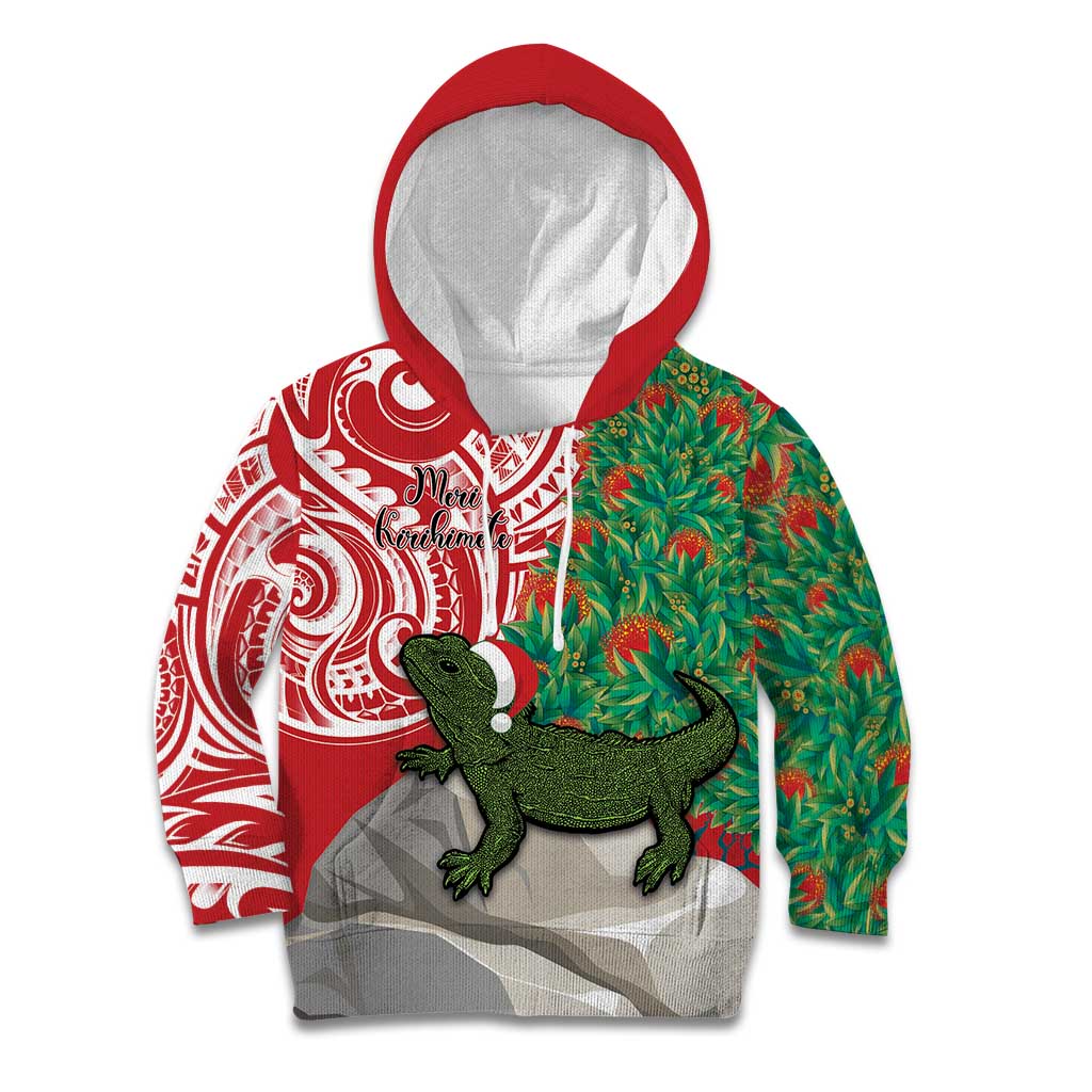 Personalised New Zealand Tuatara Christmas Kid Hoodie Meri Kirihimete Aotearoa Maori Mix Pohutukawa LT14 Hoodie Red - Polynesian Pride