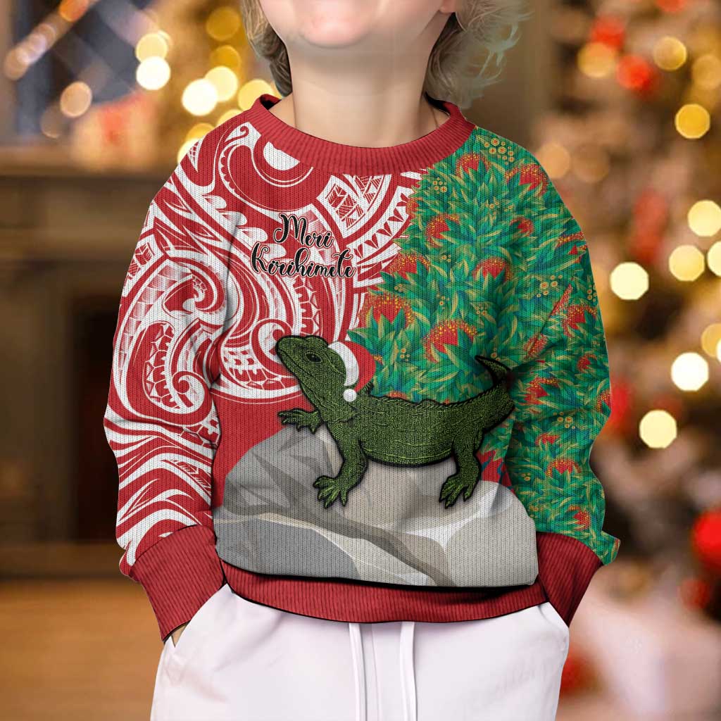 Personalised New Zealand Tuatara Christmas Kid Ugly Christmas Sweater Meri Kirihimete Aotearoa Maori Mix Pohutukawa LT14 - Polynesian Pride