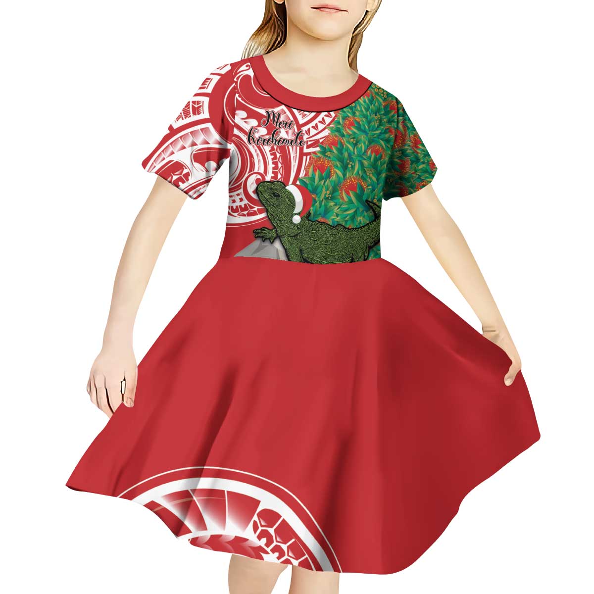 Personalised New Zealand Tuatara Christmas Kid Short Sleeve Dress Meri Kirihimete Aotearoa Maori Mix Pohutukawa LT14 - Polynesian Pride
