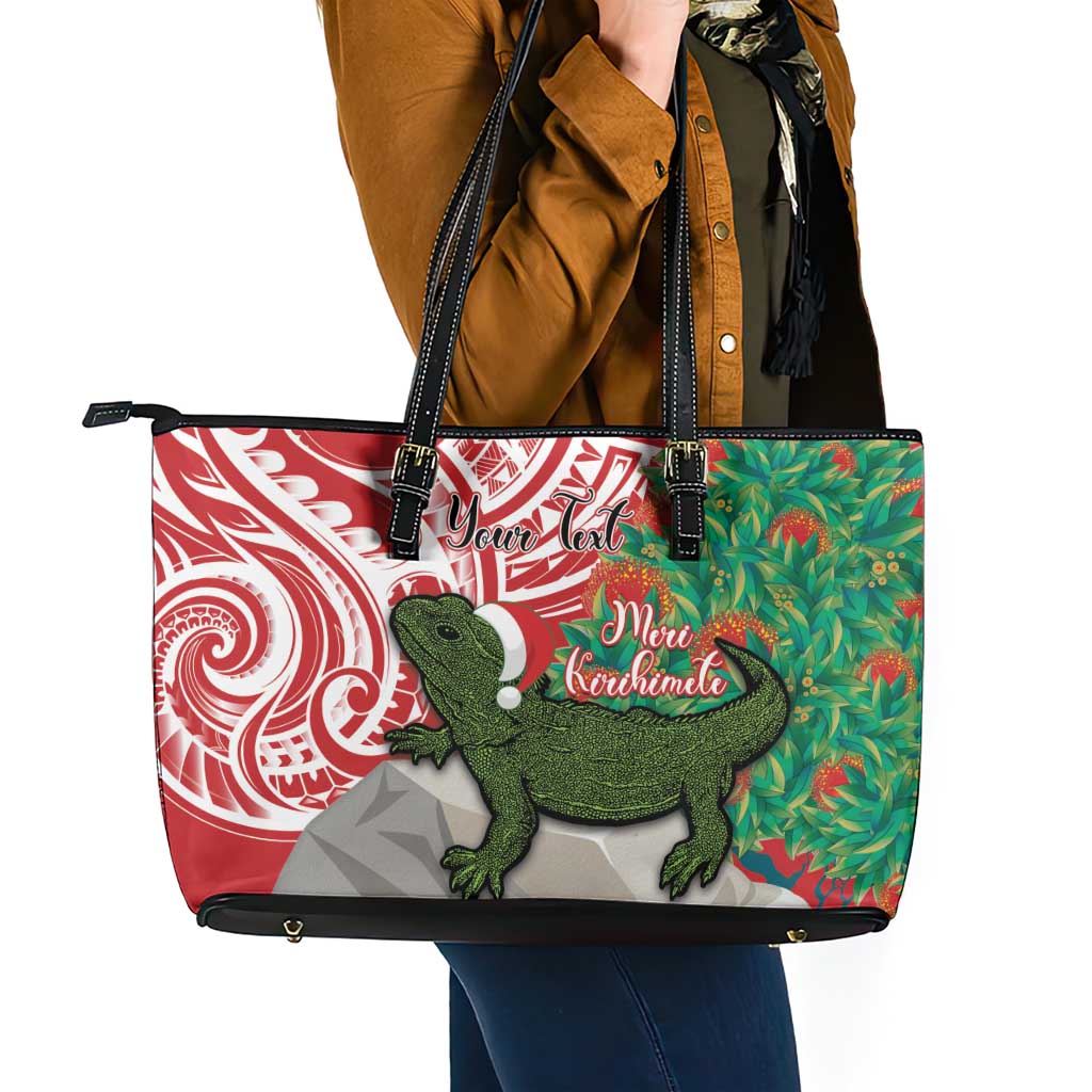Personalised New Zealand Tuatara Christmas Leather Tote Bag Meri Kirihimete Aotearoa Maori Mix Pohutukawa LT14 - Polynesian Pride