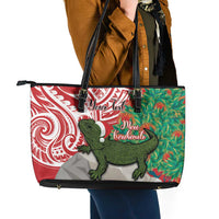 Personalised New Zealand Tuatara Christmas Leather Tote Bag Meri Kirihimete Aotearoa Maori Mix Pohutukawa LT14 - Polynesian Pride