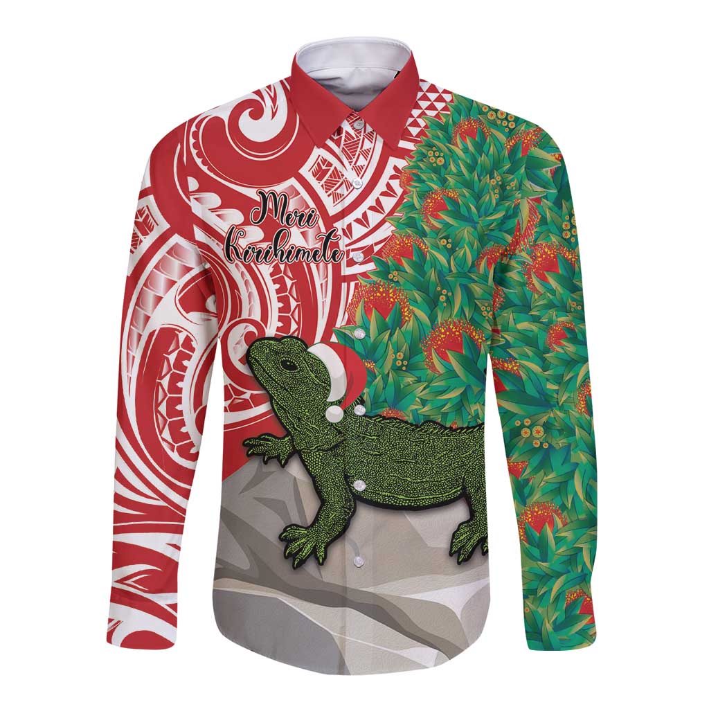 Personalised New Zealand Tuatara Christmas Long Sleeve Button Shirt Meri Kirihimete Aotearoa Maori Mix Pohutukawa LT14 Unisex Red - Polynesian Pride