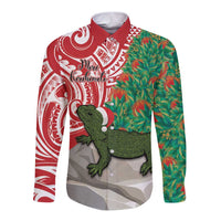 Personalised New Zealand Tuatara Christmas Long Sleeve Button Shirt Meri Kirihimete Aotearoa Maori Mix Pohutukawa LT14 Unisex Red - Polynesian Pride