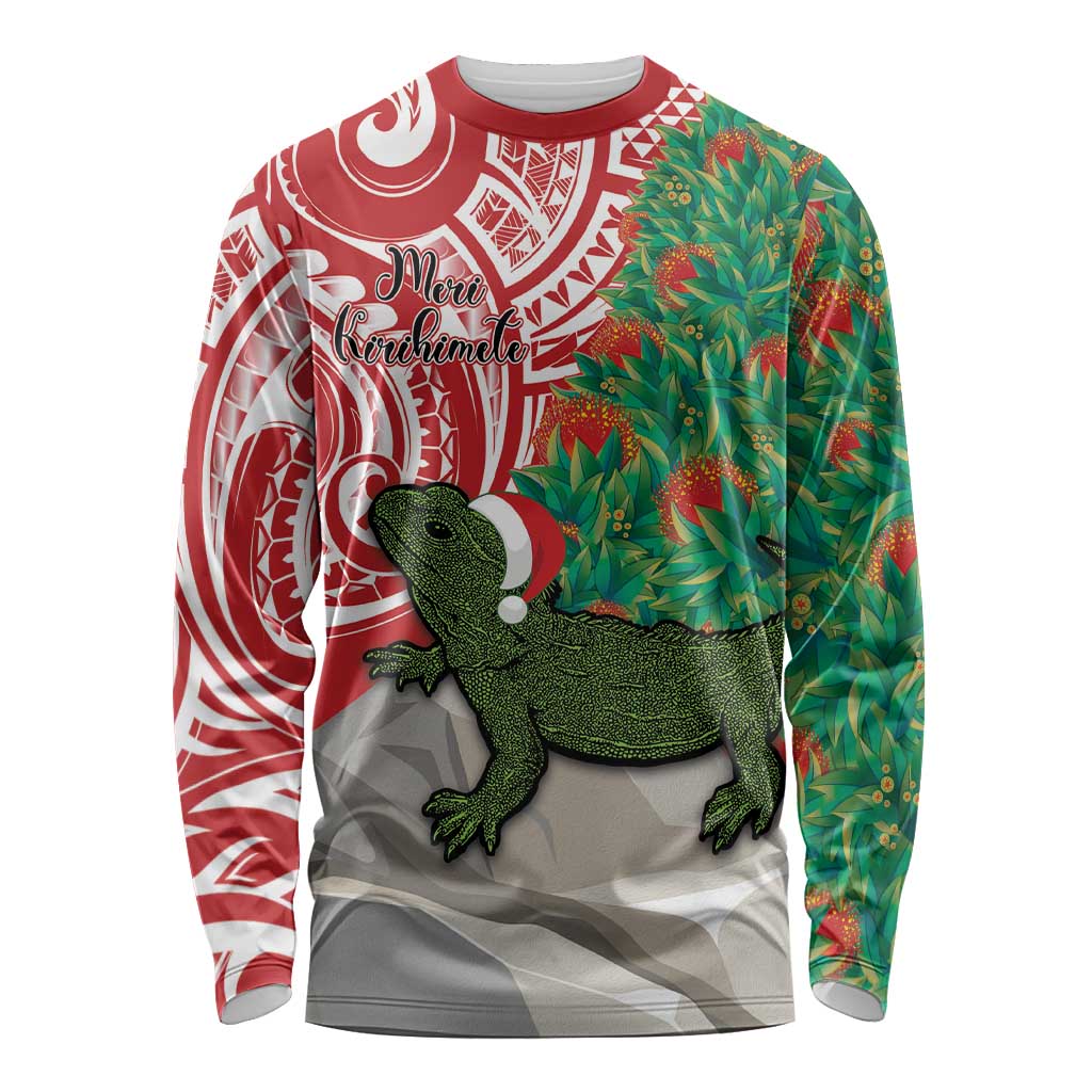 Personalised New Zealand Tuatara Christmas Long Sleeve Shirt Meri Kirihimete Aotearoa Maori Mix Pohutukawa LT14 Unisex Red - Polynesian Pride