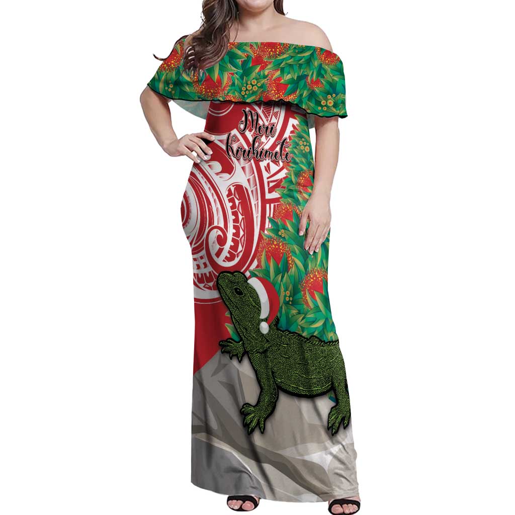 Personalised New Zealand Tuatara Christmas Off Shoulder Maxi Dress Meri Kirihimete Aotearoa Maori Mix Pohutukawa LT14 Women Red - Polynesian Pride