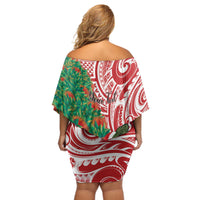 Personalised New Zealand Tuatara Christmas Off Shoulder Short Dress Meri Kirihimete Aotearoa Maori Mix Pohutukawa LT14 - Polynesian Pride