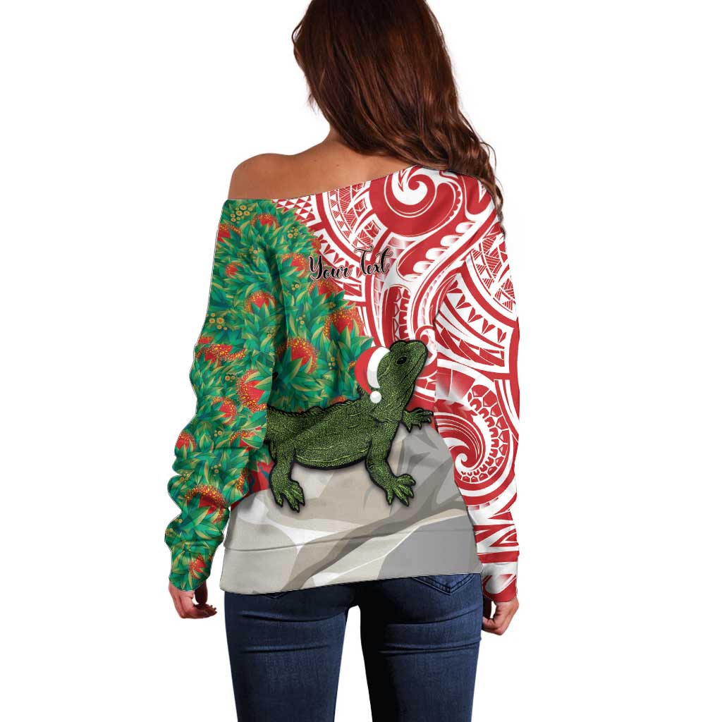 Personalised New Zealand Tuatara Christmas Off Shoulder Sweater Meri Kirihimete Aotearoa Maori Mix Pohutukawa LT14 - Polynesian Pride