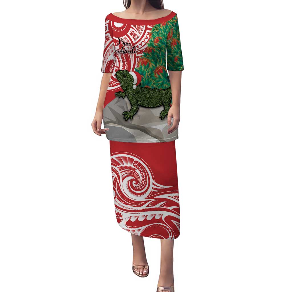 Personalised New Zealand Tuatara Christmas Puletasi Meri Kirihimete Aotearoa Maori Mix Pohutukawa LT14 Long Dress Red - Polynesian Pride