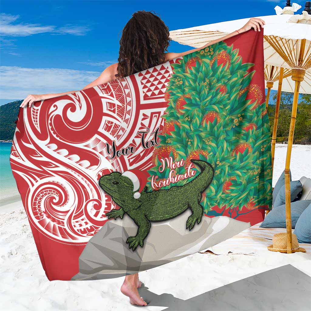 Personalised New Zealand Tuatara Christmas Sarong Meri Kirihimete Aotearoa Maori Mix Pohutukawa LT14 One Size 44 x 66 inches Red - Polynesian Pride