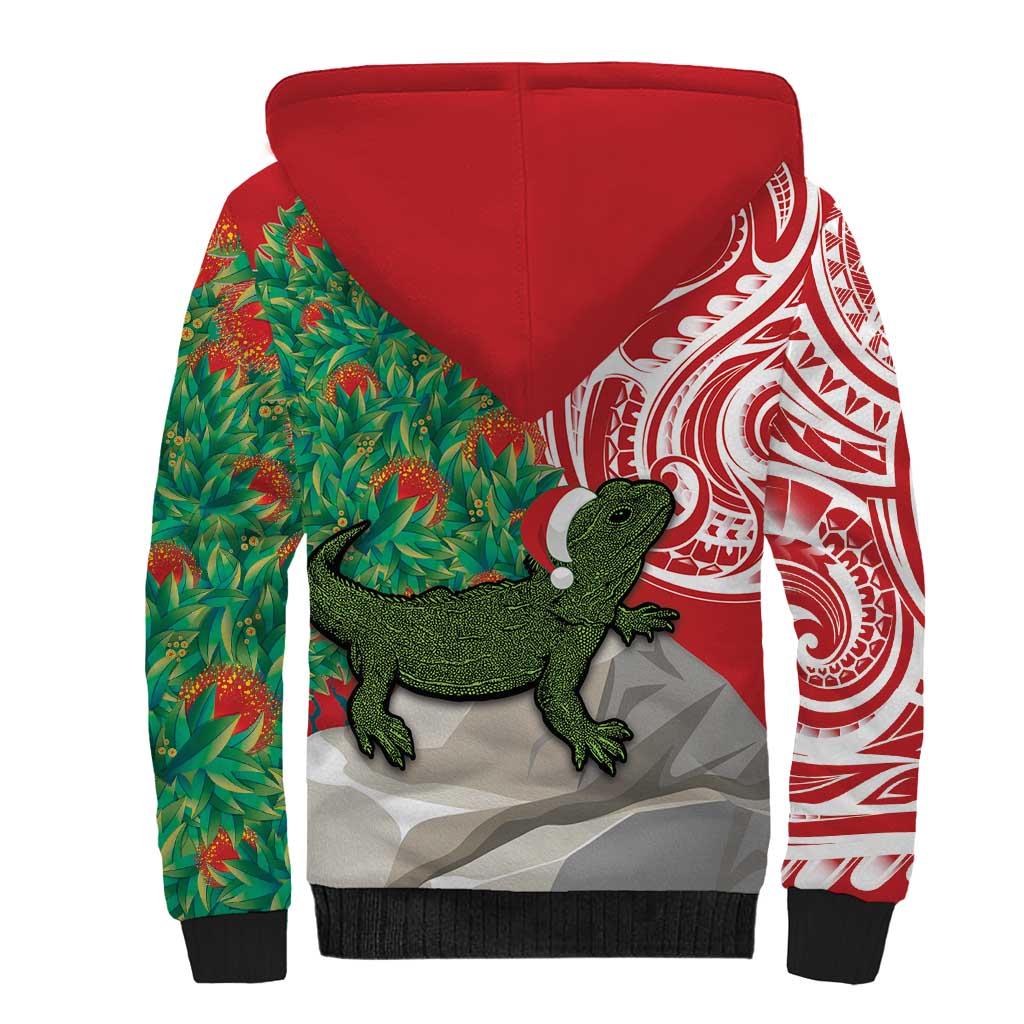 Personalised New Zealand Tuatara Christmas Sherpa Hoodie Meri Kirihimete Aotearoa Maori Mix Pohutukawa LT14 - Polynesian Pride