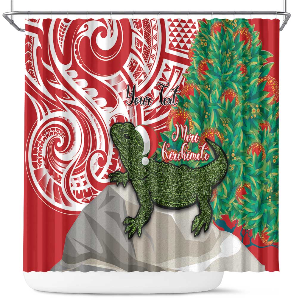 Personalised New Zealand Tuatara Christmas Shower Curtain Meri Kirihimete Aotearoa Maori Mix Pohutukawa LT14 Red - Polynesian Pride