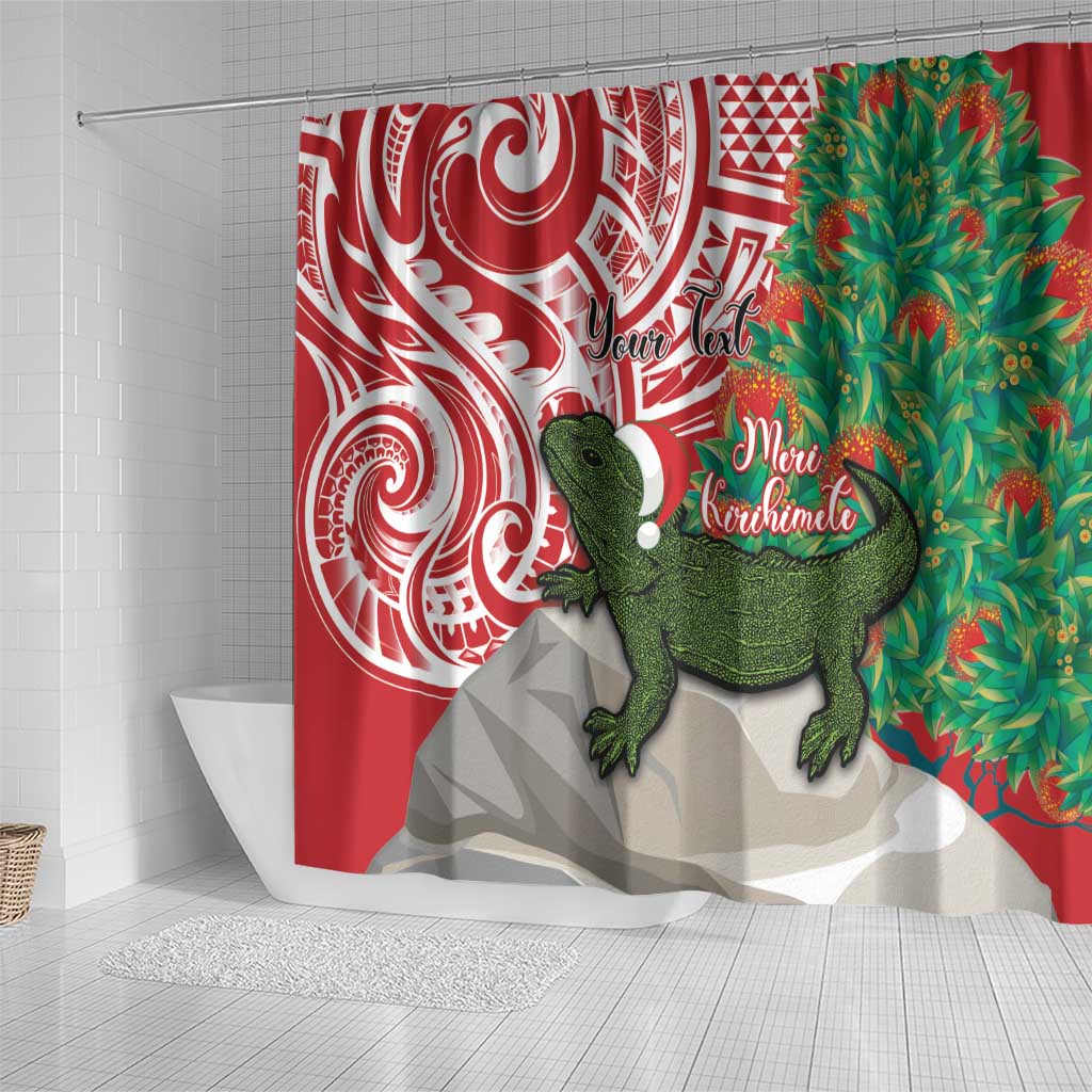 Personalised New Zealand Tuatara Christmas Shower Curtain Meri Kirihimete Aotearoa Maori Mix Pohutukawa LT14 - Polynesian Pride