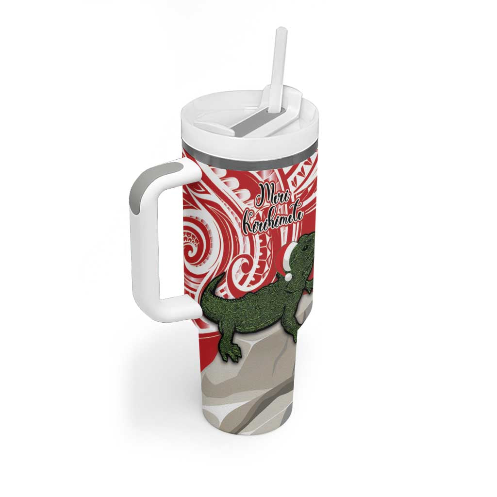 Personalised New Zealand Tuatara Christmas Tumbler With Handle Meri Kirihimete Aotearoa Maori Mix Pohutukawa LT14 - Polynesian Pride