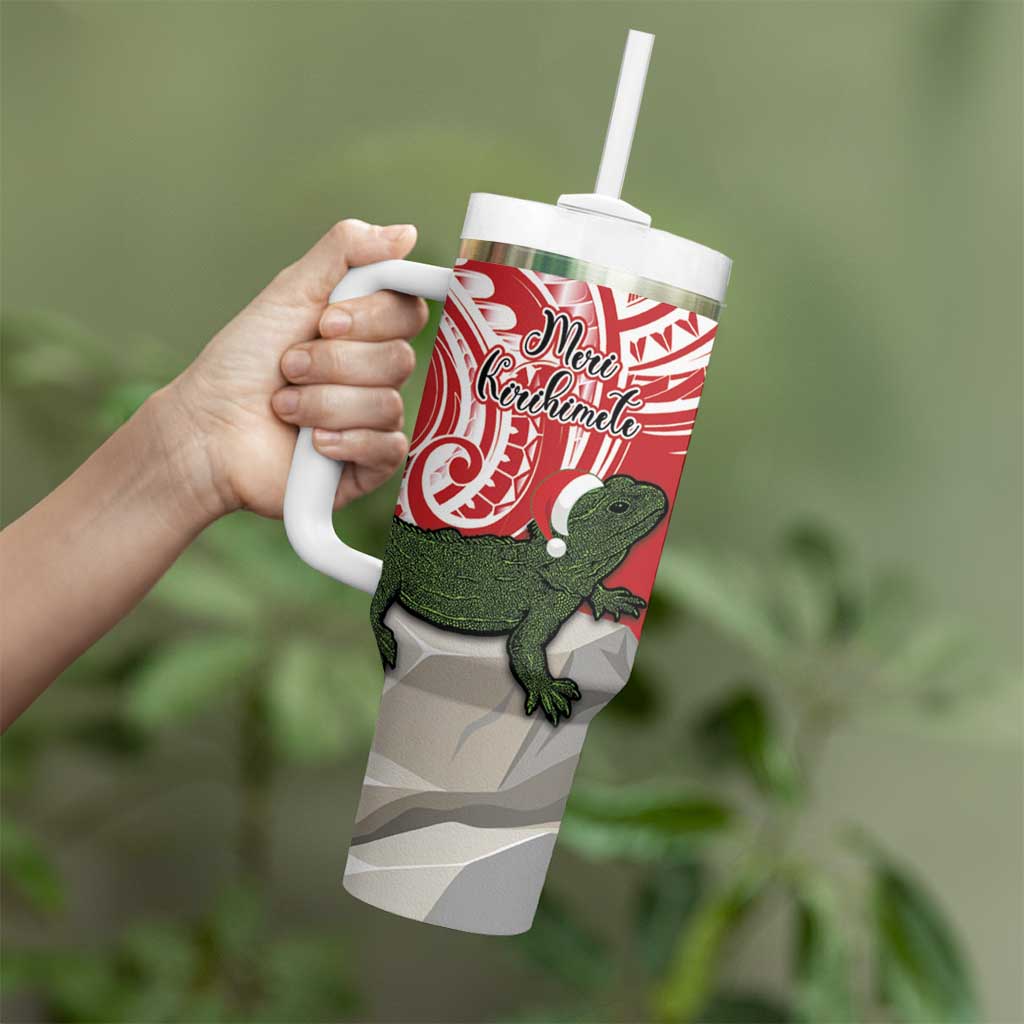 Personalised New Zealand Tuatara Christmas Tumbler With Handle Meri Kirihimete Aotearoa Maori Mix Pohutukawa LT14 - Polynesian Pride