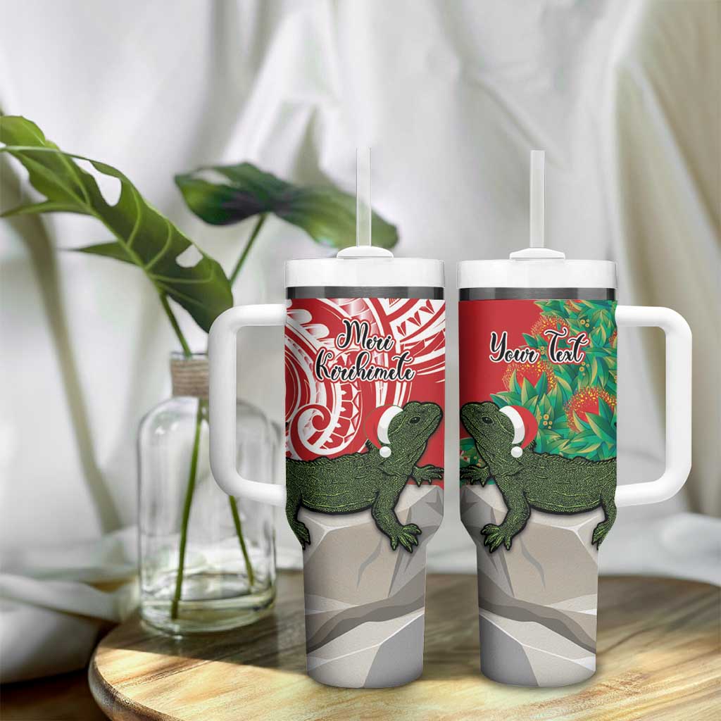 Personalised New Zealand Tuatara Christmas Tumbler With Handle Meri Kirihimete Aotearoa Maori Mix Pohutukawa LT14 - Polynesian Pride
