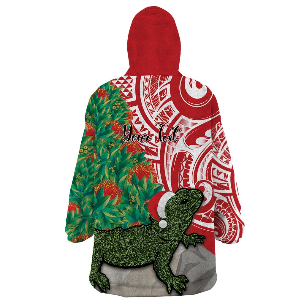 Personalised New Zealand Tuatara Christmas Wearable Blanket Hoodie Meri Kirihimete Aotearoa Maori Mix Pohutukawa LT14 - Polynesian Pride