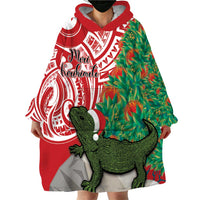 Personalised New Zealand Tuatara Christmas Wearable Blanket Hoodie Meri Kirihimete Aotearoa Maori Mix Pohutukawa LT14 - Polynesian Pride