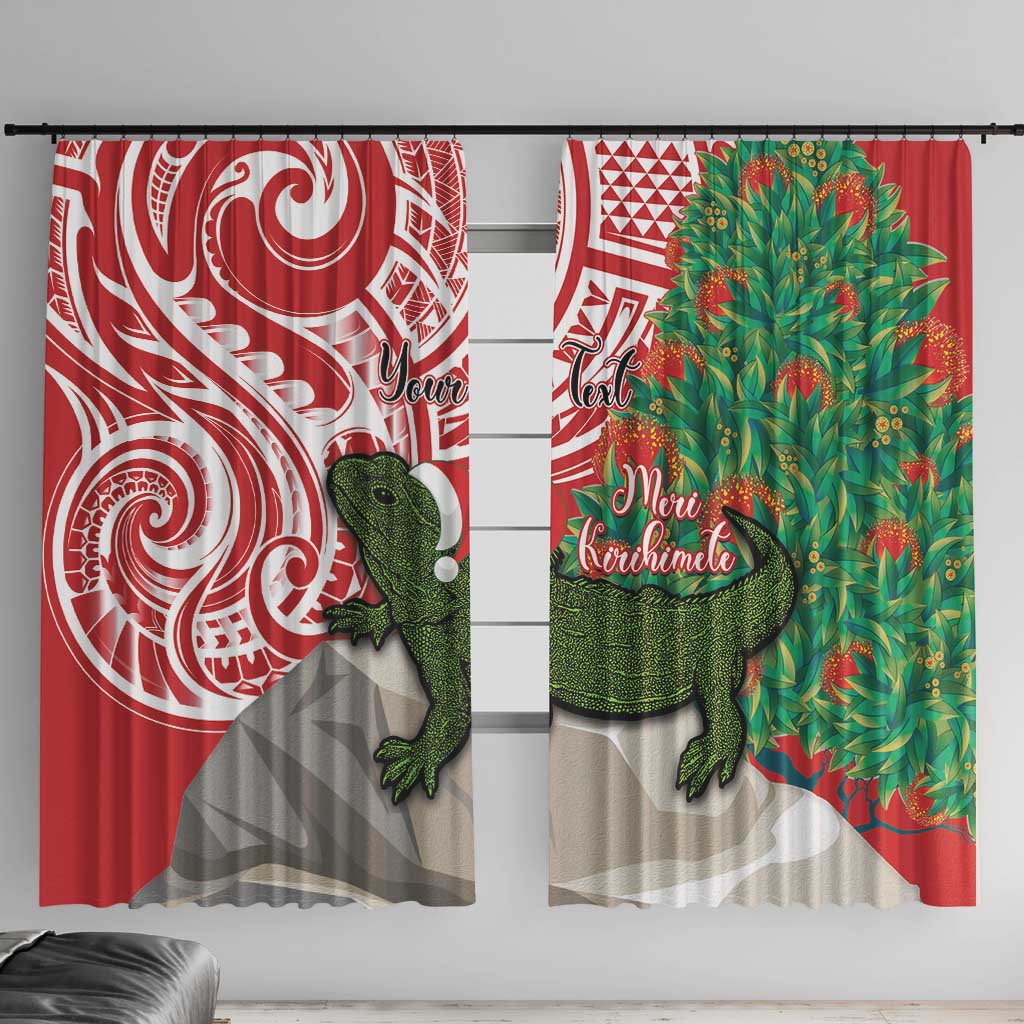Personalised New Zealand Tuatara Christmas Window Curtain Meri Kirihimete Aotearoa Maori Mix Pohutukawa LT14 With Hooks Red - Polynesian Pride