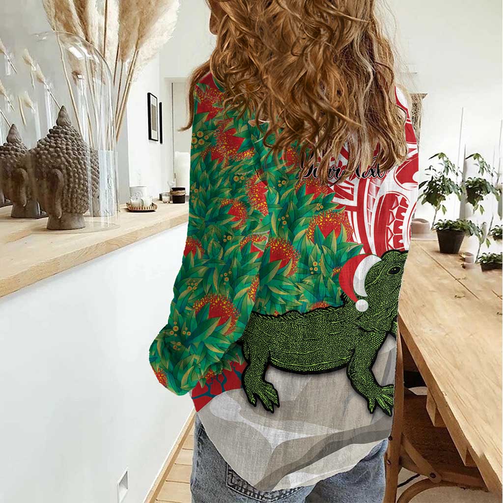 Personalised New Zealand Tuatara Christmas Women Casual Shirt Meri Kirihimete Aotearoa Maori Mix Pohutukawa LT14 - Polynesian Pride