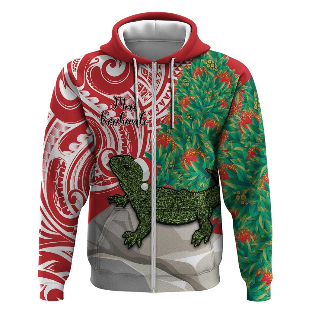 Personalised New Zealand Tuatara Christmas Zip Hoodie Meri Kirihimete Aotearoa Maori Mix Pohutukawa LT14 Zip Hoodie Red - Polynesian Pride