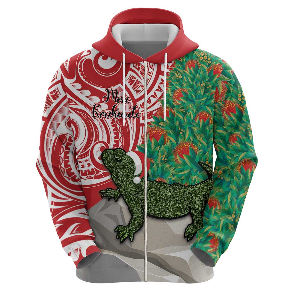 Personalised New Zealand Tuatara Christmas Zip Hoodie Meri Kirihimete Aotearoa Maori Mix Pohutukawa LT14 - Polynesian Pride