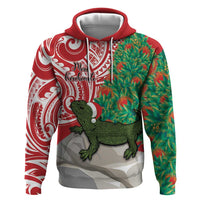 Personalised New Zealand Tuatara Christmas Zip Hoodie Meri Kirihimete Aotearoa Maori Mix Pohutukawa LT14 Pullover Hoodie Red - Polynesian Pride