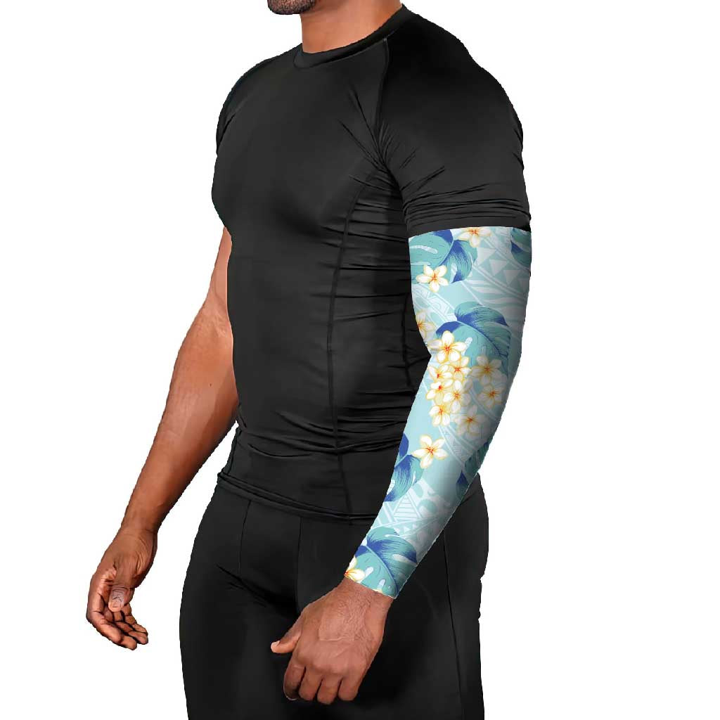 Pastel Cyan Tropical Hawaii Arm Sleeves Seamless Monstera Plumeria Hawaiian Pattern - Polynesian Pride