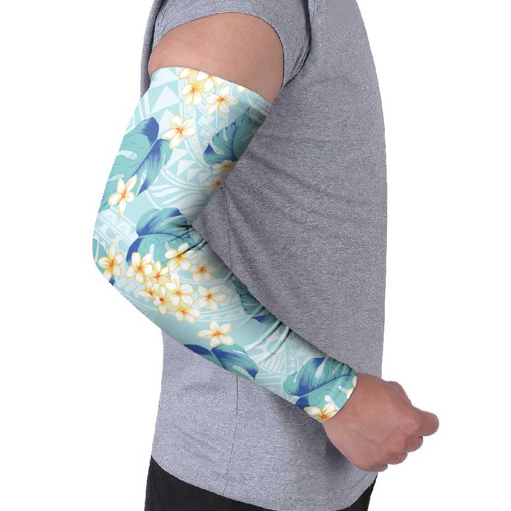 Pastel Cyan Tropical Hawaii Arm Sleeves Seamless Monstera Plumeria Hawaiian Pattern - Polynesian Pride