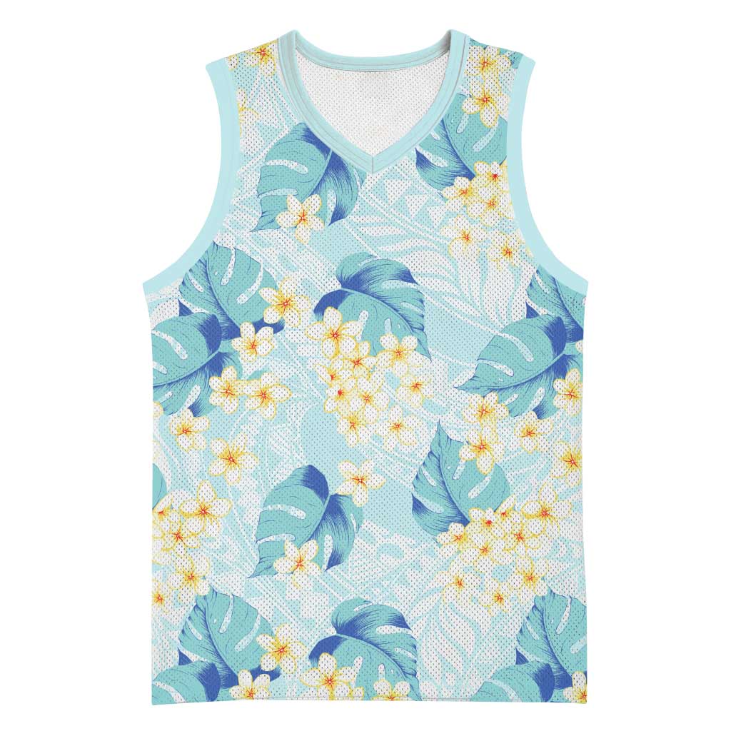 Pastel Cyan Tropical Hawaii Basketball Jersey Seamless Monstera Plumeria Hawaiian Pattern - Polynesian Pride