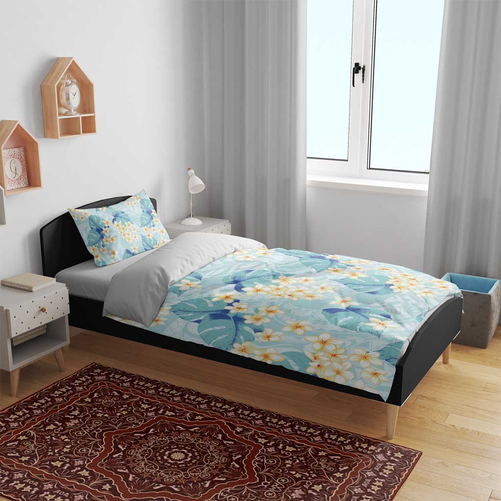 Pastel Cyan Tropical Hawaii Bedding Set Seamless Monstera Plumeria Hawaiian Pattern - Polynesian Pride