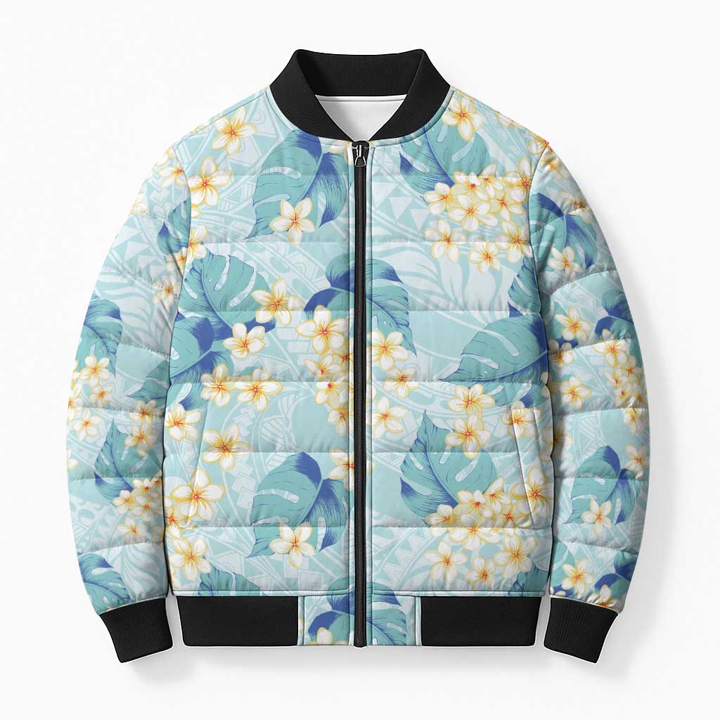 Pastel Cyan Tropical Hawaii Bomber Puffer Jacket Seamless Monstera Plumeria Hawaiian Pattern - Polynesian Pride
