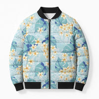 Pastel Cyan Tropical Hawaii Bomber Puffer Jacket Seamless Monstera Plumeria Hawaiian Pattern - Polynesian Pride