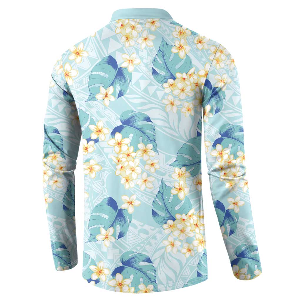 Pastel Cyan Tropical Hawaii Button Sweatshirt Seamless Monstera Plumeria Hawaiian Pattern - Polynesian Pride