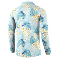 Pastel Cyan Tropical Hawaii Button Sweatshirt Seamless Monstera Plumeria Hawaiian Pattern - Polynesian Pride
