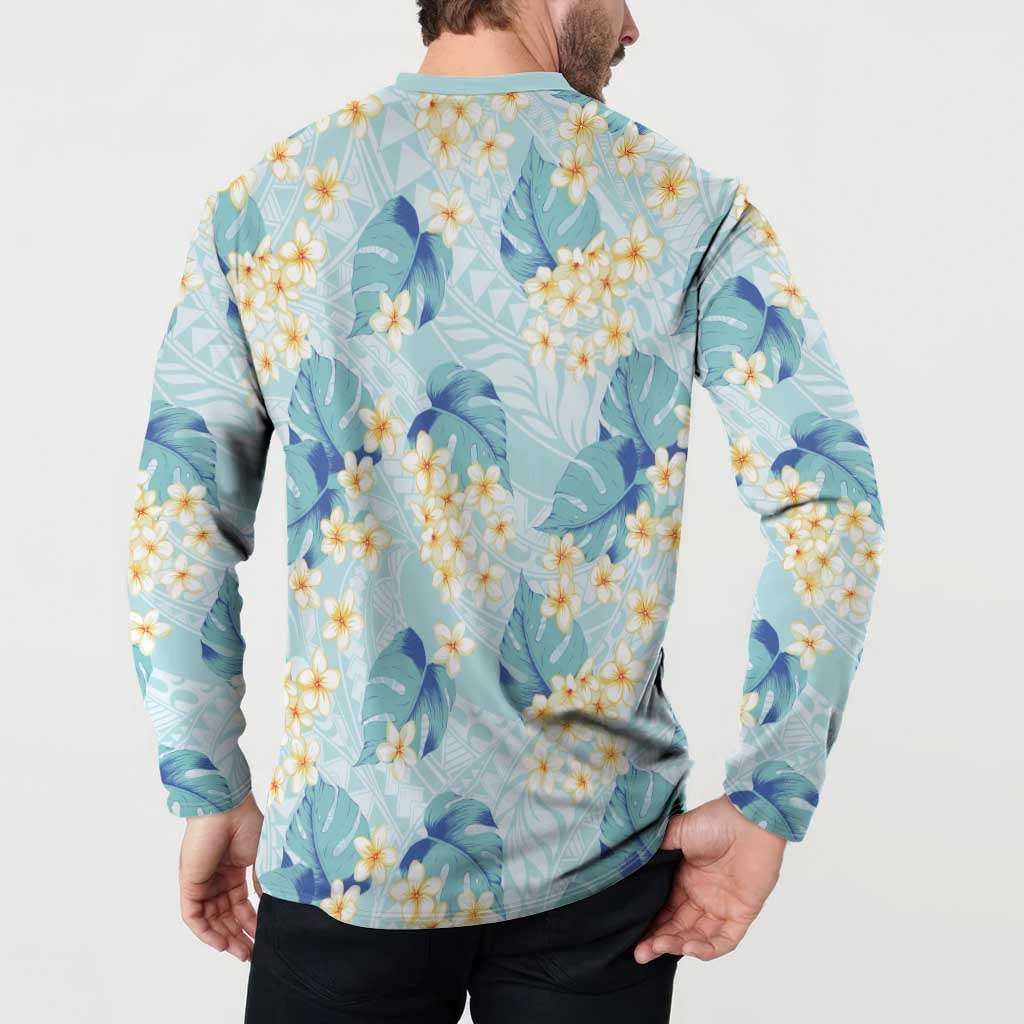 Pastel Cyan Tropical Hawaii Button Sweatshirt Seamless Monstera Plumeria Hawaiian Pattern - Polynesian Pride