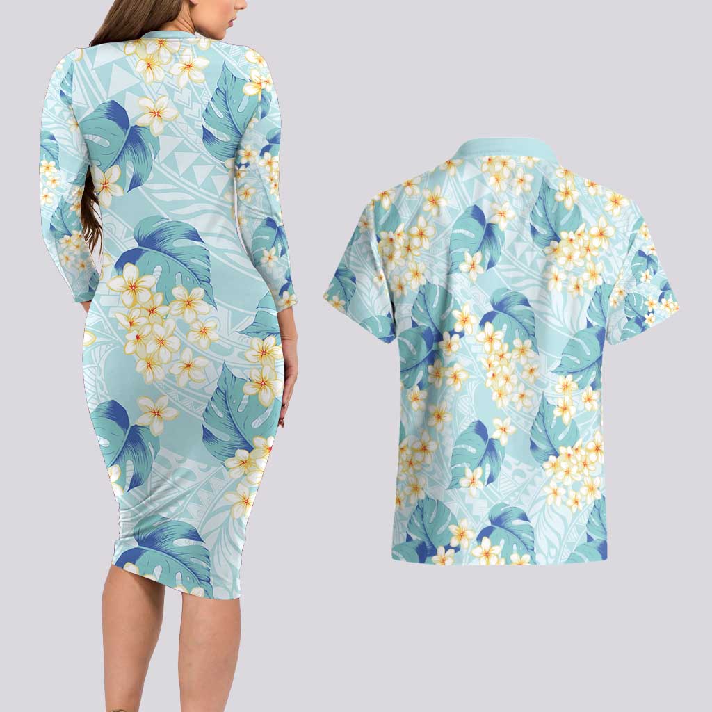 Pastel Cyan Tropical Hawaii Couples Matching Long Sleeve Bodycon Dress and Hawaiian Shirt Seamless Monstera Plumeria Hawaiian Pattern LT14 - Polynesian Pride