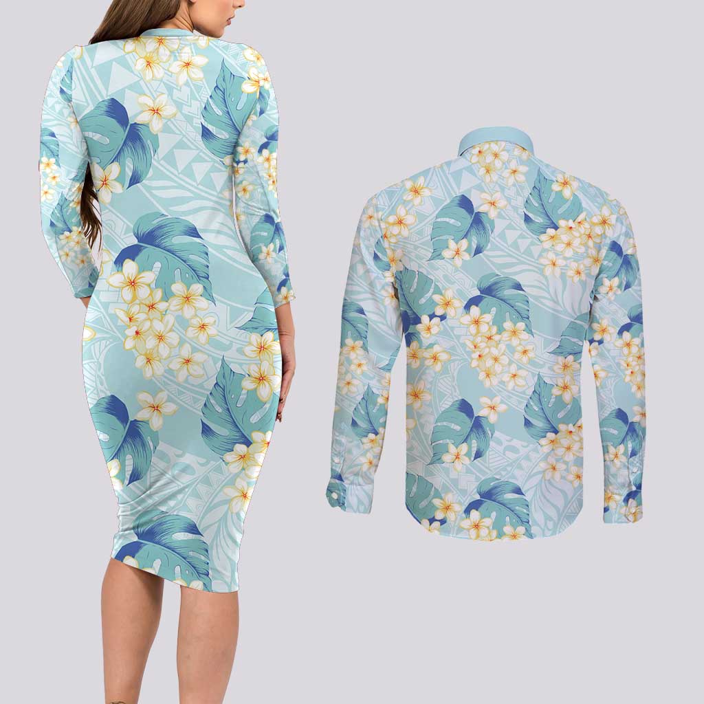 Pastel Cyan Tropical Hawaii Couples Matching Long Sleeve Bodycon Dress and Long Sleeve Button Shirt Seamless Monstera Plumeria Hawaiian Pattern - Polynesian Pride