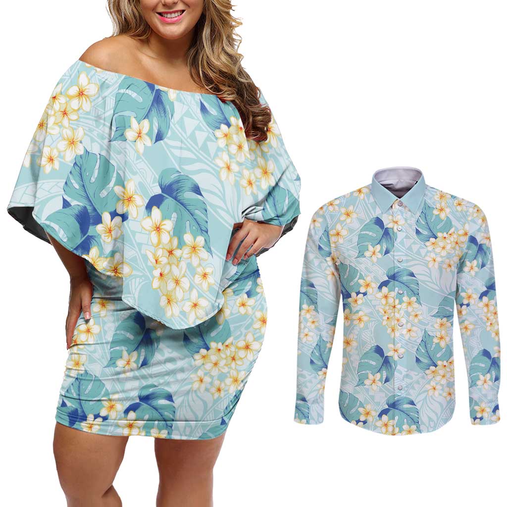 Pastel Cyan Tropical Hawaii Couples Matching Off Shoulder Short Dress and Long Sleeve Button Shirt Seamless Monstera Plumeria Hawaiian Pattern - Polynesian Pride