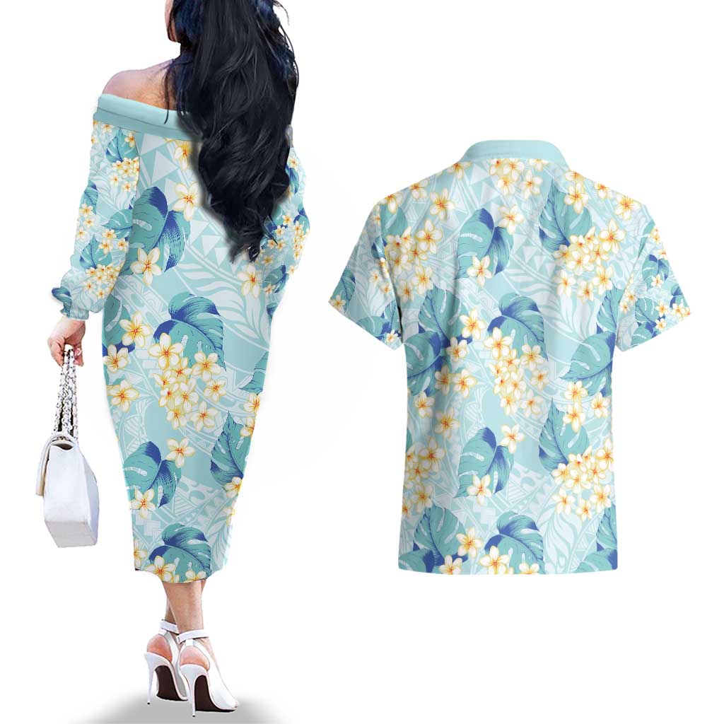 Pastel Cyan Tropical Hawaii Couples Matching Off The Shoulder Long Sleeve Dress and Hawaiian Shirt Seamless Monstera Plumeria Hawaiian Pattern LT14 - Polynesian Pride
