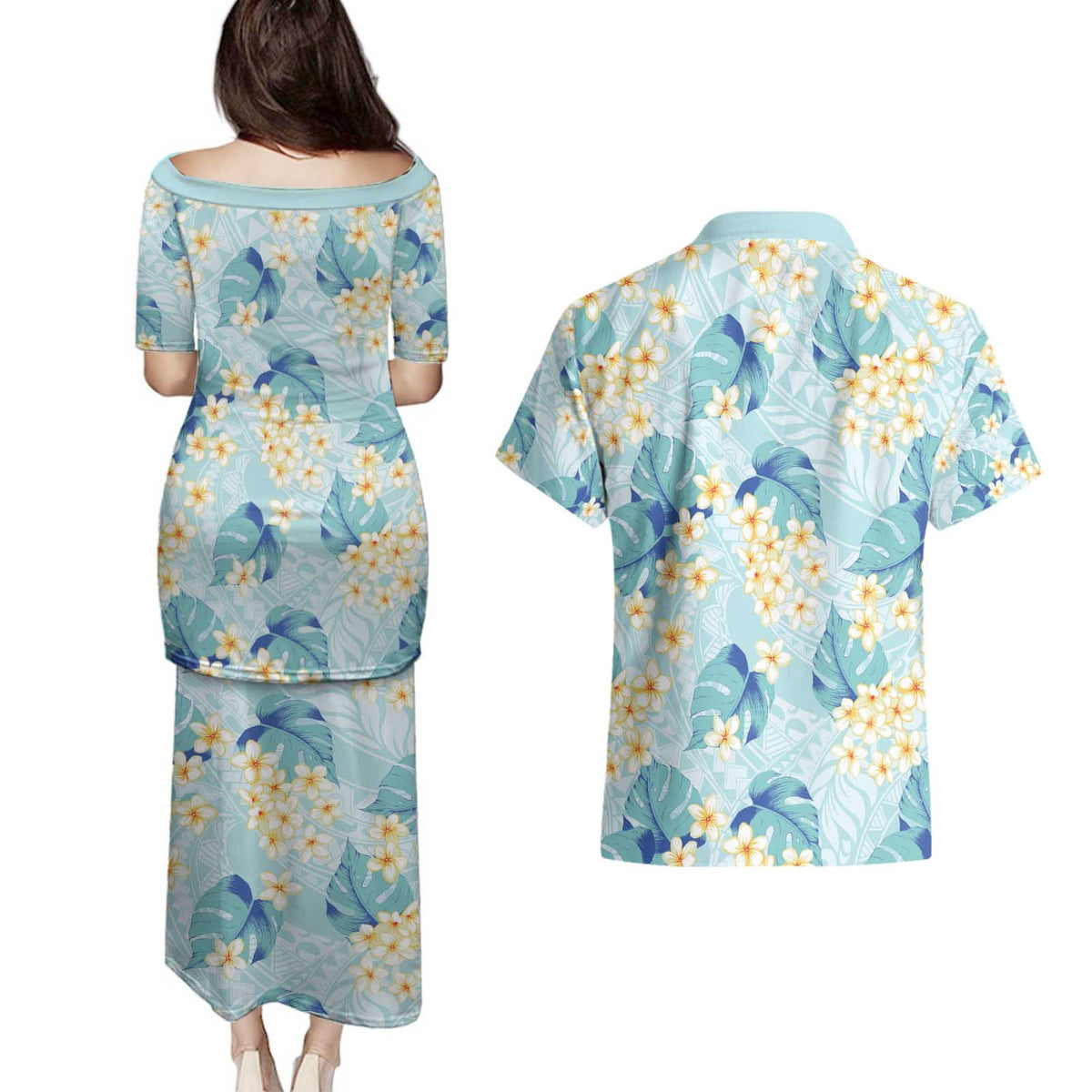 Pastel Cyan Tropical Hawaii Couples Matching Puletasi and Hawaiian Shirt Seamless Monstera Plumeria Hawaiian Pattern - Polynesian Pride