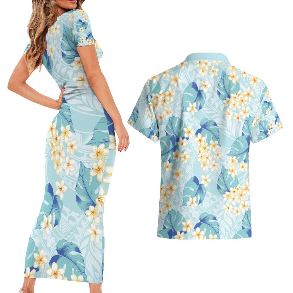 Pastel Cyan Tropical Hawaii Couples Matching Short Sleeve Bodycon Dress and Hawaiian Shirt Seamless Monstera Plumeria Hawaiian Pattern LT14 - Polynesian Pride