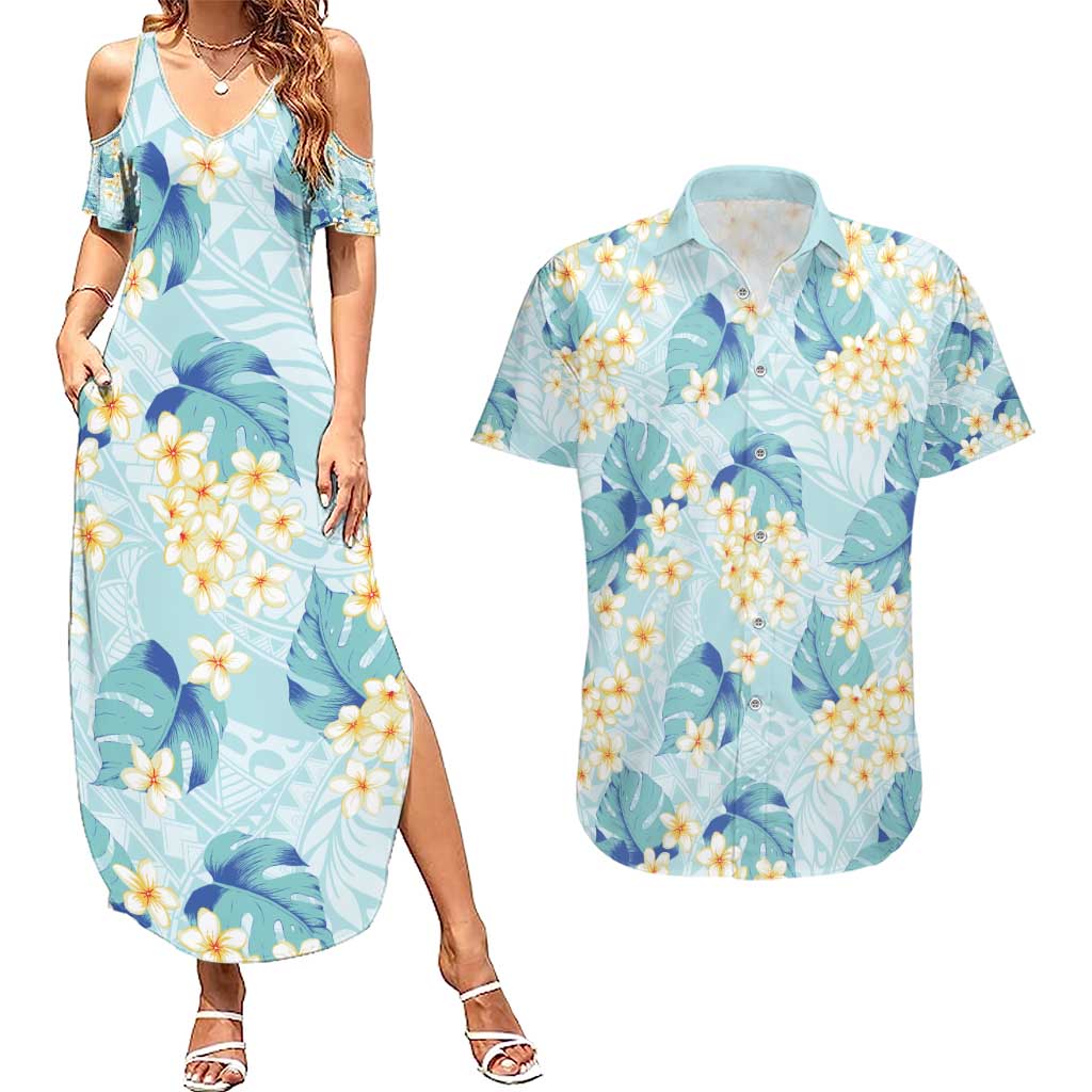 Pastel Cyan Tropical Hawaii Couples Matching Summer Maxi Dress and Hawaiian Shirt Seamless Monstera Plumeria Hawaiian Pattern LT14 Pastel Cyan - Polynesian Pride